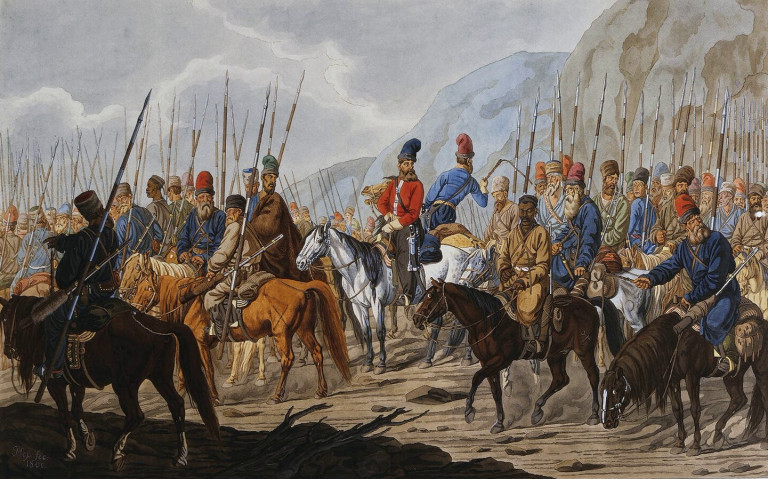 Заглавная иллюстрация. Яицкие казаки-мятежники в походе. Акварель XVIII столетия