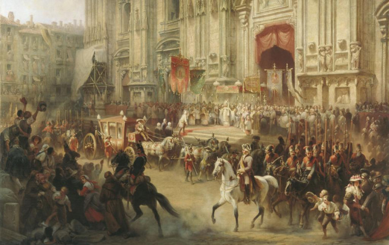 Заглавная иллюстрация. Вступление Суворова в Милан на картине художника А.И.Шарлеманя