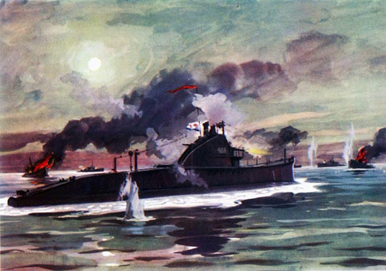 Заглавная иллюстрация. Подводная лодка Щ-408 ведёт неравный бой с пятью боевыми катерами противника. Картина художника И.И.Родионова