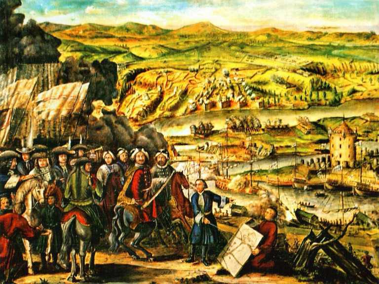 Заглавная иллюстрация. Взятие Азова в 1696 году. Петр I и генералы русской армии у Азовской крепости. Гравюра Адриана Шхонебека