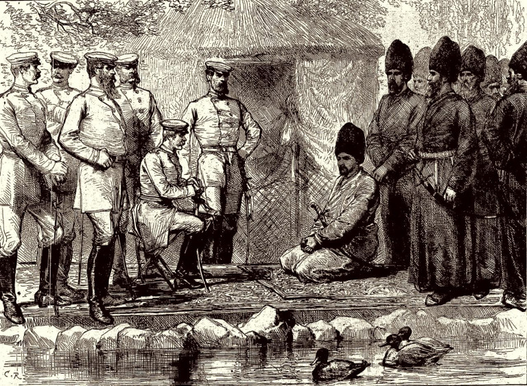 Заглавная иллюстрация. Хан Хивы и генерал Кауфман подписывают договор. Иллюстрация из журнала «L'Univers Illustré»