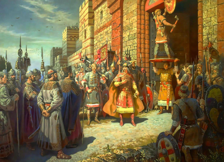 Заглавная иллюстрация. Щит Олега на вратах Царьграда на картине Б.М.Ольшанского