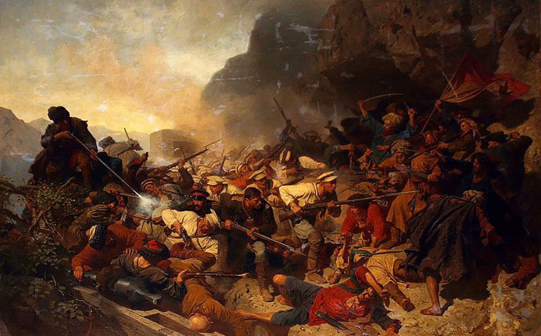 Заглавная иллюстрация. Штурм аула Гуниб на картине Теодора Горшельта