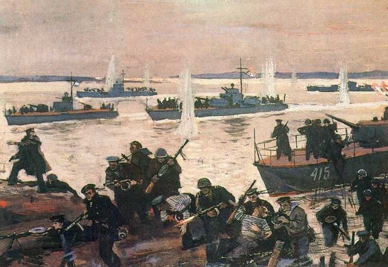 Заглавная иллюстрация. Десант на Таманском полуострове (в Новороссийске) на картине В.А.Печатина