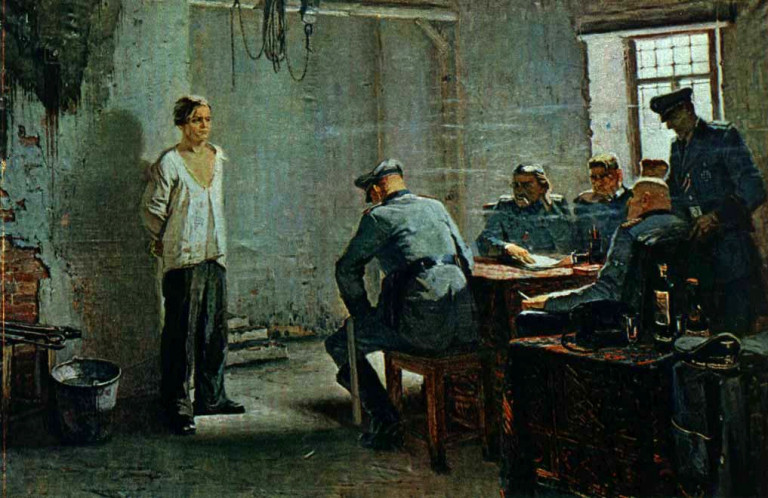 Заглавная иллюстрация. Олег Кошевой на допросе на картине М.К.Поплавского.