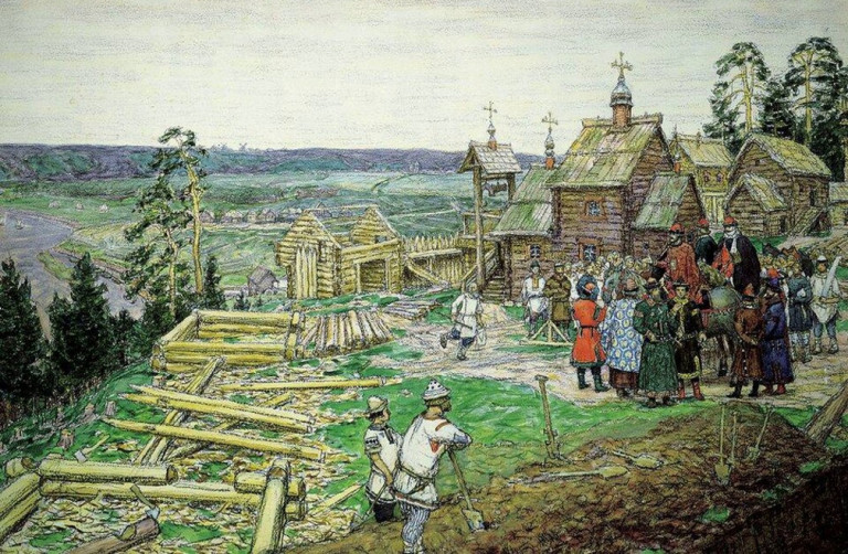 Заглавная иллюстрация. Строительство Москвы на картине художника А.М.Васнецова