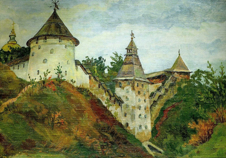 Заглавная иллюстрация. Стены и башни Псково-Печерского монастыря на картине Т.С.Добрыниной
