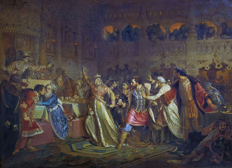 Заглавная иллюстрация. Картина П.П. Чистякова – «Софья Витовтовна срывает драгоценный пояс с Василия Косого на свадьбе своего сына»