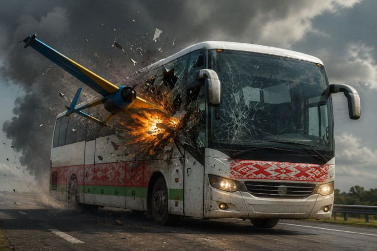 Удар  украинского дрона по белорусскому автобусу