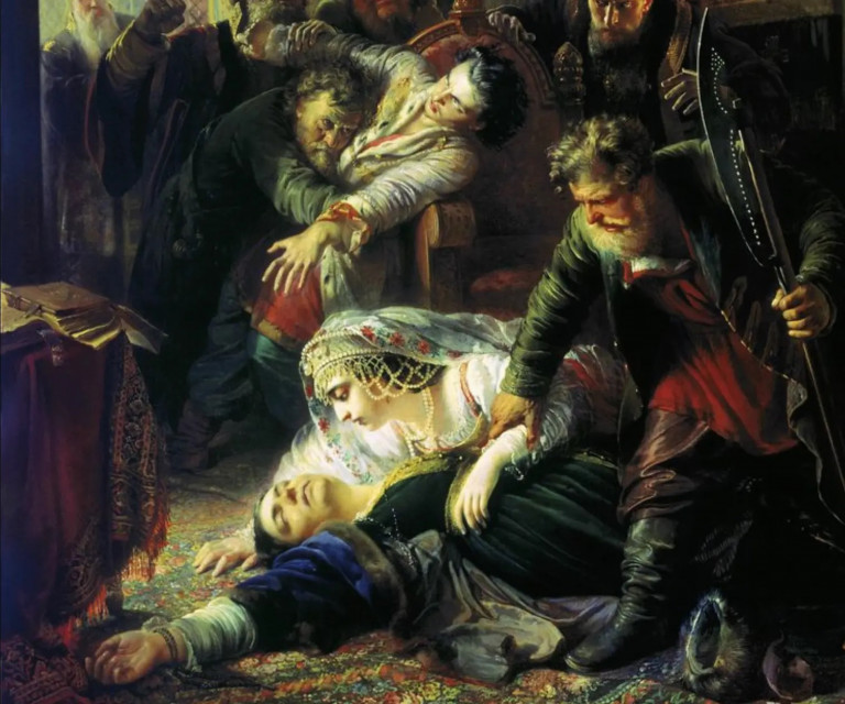 Заглавная иллюстрация.  «Агенты Дмитрия Самозванца, убивающие Фёдора Годунова и его мать» 1862 г., К.Е. Маковский, фрагмент