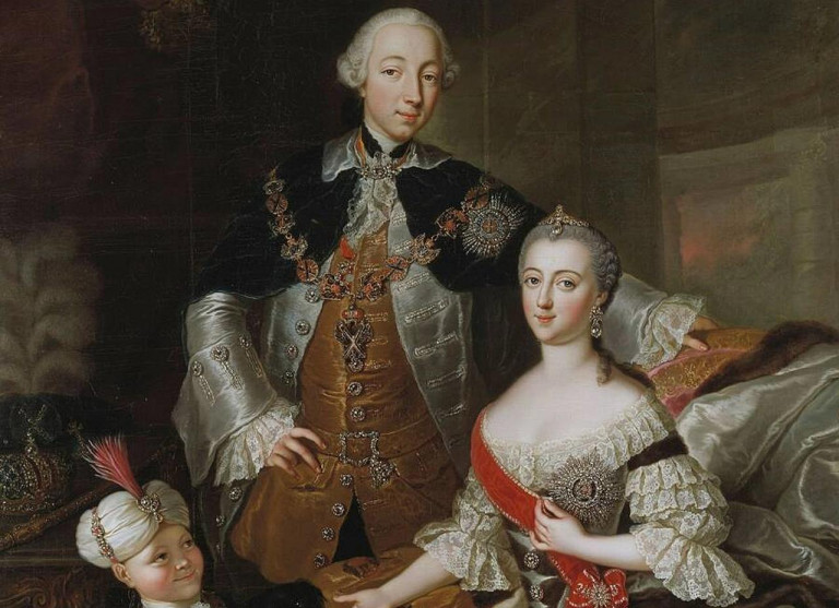 Заглавная иллюстрация. Пётр III и его жена Екатерина на картине А. де Гаск