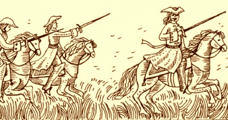 Заглавная иллюстрация. Гравюра, изображающая атаку русских драгун из книги «Заложники Петра I и Карла XII».