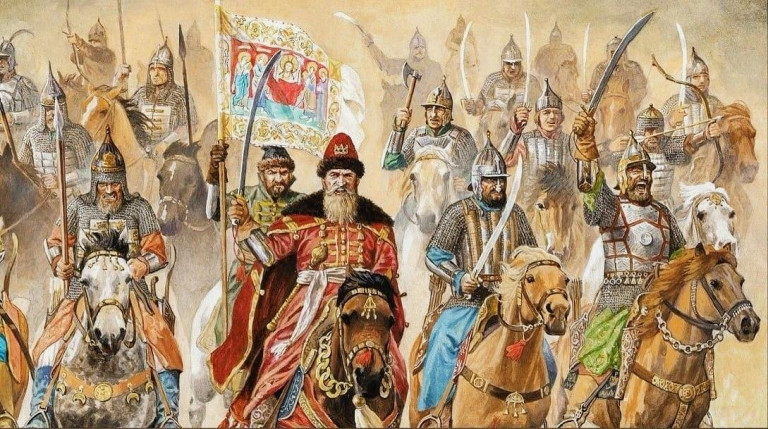 Заглавная иллюстрация. Русская конница в бою на картине М.Шишко